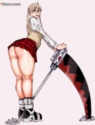 1girls blonde_hair boots green_eyes maka_albarn mobi_mobi red_skirt scythe skirt soul_eater soul_eater_evans sweater upskirt