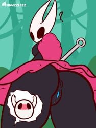 ? absurd_res anthro arthropod ass black_body breasts butt_focus cloak cloak_only clothing detailed_background duo female genitals hi_res hollow_knight hornet_(hollow_knight) insects looking_at_viewer looking_back low-angle_view presenting presenting_hindquarters protagonist_(hollow_knight) pussy rear_view shnuzzlez size_difference team_cherry vessel_(species) video_games