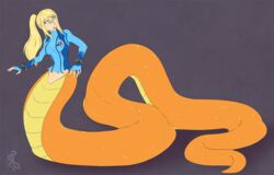 bodysuit fangs lamia large_ass large_breasts metroid naga post_transformation ripped_clothing samus_aran sepisnake slit_pupils snake_girl snake_tongue tail tongue_out wide_hips zero_suit