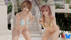 2girls bikini blender_(software) blonde_hair blue_eyes breasts brown_hair cleavage dead_or_alive dead_or_alive_xtreme_venus_vacation female_focus female_only flower hair_ornament honoka_(doa) large_breasts le_sandman leaning_forward long_hair looking_at_viewer meg_(doa) multiple_girls navel one_side_up open_mouth pink_hair plant red_eyes short_hair side-tie_bikini_bottom skull_hair_ornament smile striped striped_bikini swimsuit tagme xnalara