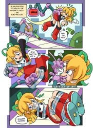 art-2u blonde_hair bondage capcom comic conveyor_belt gagging green_ribbon malfunction mega_man mega_man_(series) red_boots red_dress roll tape tape_gag