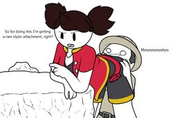 1boy 1girls 2020 ass bent_over bowing brown_hair clothing dialogue english_text face_on_ass female fully_clothed grabbing_object holding_ass jacket jaiden jaiden_animations ludalewdo male male/female outdoors pleasured_face pokemon pokemon_ranger short_twintails shorts text twintails white_background youtube