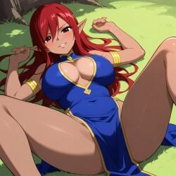 ai_generated blue_dress dark-skinned_female dark_elf dark_skin elf_ears erza_scarlet fairy_tail laid_down purple_dress red_hair sexy