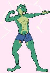 amphibian arkanumzilong bulge clothing cybernetics cyborg flexing frog genitals hi_res humanoid_genitalia humanoid_penis machine male penis penis_poking_out underwear wardrobe_malfunction