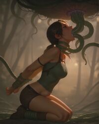 ai_assisted ai_generated belly_bulge bondage deep_penetration deepthroat lara_croft multi_penis on_knees open_eyes tail tentacle tentacle_in_mouth tomb_raider