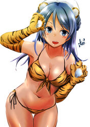 animal_ears animal_hands animal_print blue_eyes blue_hair breasts cleavage commentary_request elbow_gloves female front-tie_top gloves hat highres kantai_collection leaning_forward looking_at_viewer medium_breasts medium_hair mizuya_chiharu navel one-hour_drawing_challenge paw_gloves sailor_hat simple_background solo tail thigh_gap tiger_ears tiger_print tiger_tail urakaze_(kantai_collection) white_background