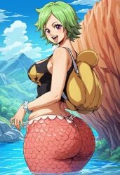 ai_generated ass ass_focus boyfem675672 camie camie_(one_piece) female female_only green_hair large_ass looking_at_viewer mermaid one_piece scales