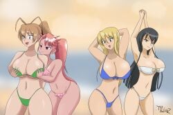 big_breasts black_hair blonde_hair blue_bikini breast_grab breast_squeeze brown_eyes cleavage green_bikini green_eyes highschool_of_the_dead light_brown_hair long_hair pink_bikini pink_eyes pink_hair rei_miyamoto saeko_busujima saya_takagi shizuka_marikawa thatfreakgivz twintails twintails white_bikini