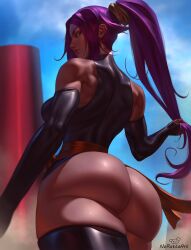 1girls ass ass_focus big_ass black_leotard bleach breasts dark-skinned_female dark_skin female female_only huge_ass large_ass leotard long_hair norattaart ponytail purple_hair self_upload shihouin_yoruichi