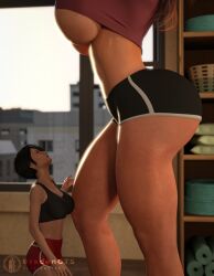 2girls 3d bradengts giantess long_legs looking_up mini_giantess window yoga yoga_shorts