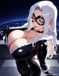 ai_generated areola_slip balecxi black_bodysuit black_cat_(marvel) blue_eyes choker cityscape cleavage domino_mask felicia_hardy female large_breasts long_hair looking_at_viewer marvel marvel_cinematic_universe marvel_comics night patreon_username rooftop sky smile solo spider-man_(series) tongue tongue_out white_hair