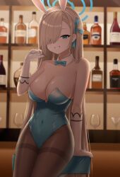 absurdres alcohol animal_ear_hairband animal_ears arm_support asuna_(blue_archive) asuna_(bunny)_(blue_archive) bar_(place) bare_shoulders black_pantyhose blonde_hair blue_archive blue_bow blue_bowtie blue_eyes blue_halo blue_leotard blue_ribbon blurry blurry_background bow bowtie breasts collar covered_navel cowboy_shot cup detached_collar dot_nose drinking_glass fake_animal_ears female gloves gomzzit grin groin hair_over_one_eye hair_ribbon hairband halo hand_up highres indoors large_breasts leotard long_hair looking_at_viewer mole mole_on_breast pantyhose parted_bangs playboy_bunny rabbit_ear_hairband rabbit_ears ribbon shelf smile solo straight_hair strapless strapless_leotard teeth twirling_hair very_long_hair white_collar white_gloves wine_glass