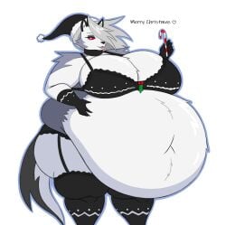 absurd_res anthro belly big_belly big_breasts black_bra black_clothing black_collar black_gloves black_handwear black_hat black_headwear black_lingerie black_underwear bra breasts candy candy_cane canid canid_demon canine christmas christmas_clothing christmas_headwear clothing collar demon dessert dialogue english_text fat_rolls female food fur garter_belt_leggings garter_straps gloves grey_body grey_fur grey_hair hair hand_on_belly handwear hat headgear headwear hellhound helluva_boss hi_res holding_food holding_object holidays holly_(plant) huge_belly huge_breasts hyper hyper_belly lingerie looking_at_viewer loona_(helluva_boss) mammal mizz-britt morbidly_obese morbidly_obese_anthro morbidly_obese_female multicolored_body mythological_canine mythological_creature mythology navel obese obese_anthro obese_female overweight overweight_anthro overweight_female plant red_sclera santa_hat simple_background smile solo text underwear white_background white_body white_eyes white_fur