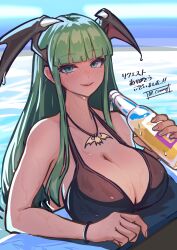 absurdres ap_cammy bat_necklace blunt_bangs bottle breasts cleavage darkstalkers female green_eyes green_hair head_wings highres hime_cut holding holding_bottle huge_breasts jewelry large_breasts looking_at_viewer morrigan_aensland necklace pool smile solo upper_body wings