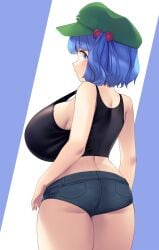 1girls back_view big_breasts blue_eyes blue_hair breasts cap clothed_female hat huge_breasts light-skinned_female looking_back nitori_kawashiro shorts sideboob solo solo_female tank_top tarmo thick_thighs thighs touhou twintails