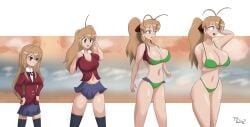 aisaka_taiga ass_expansion big_breasts bikini bimbo bimbofication breast_expansion brown_eyes cleavage clevage clothing_transformation green_bikini highschool_of_the_dead light_brown_hair long_hair rei_miyamoto school_uniform thatfreakgivz toradora! transformation transformation_sequence twintails young