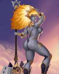 big_breasts curvy dawnbreaker dota_2 golden_eyes golden_hair grey_skin hammer kanzass light_armor string_bikini