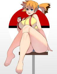 alternate_breast_size alternative_bust_size aqua_eyes asymmetrical_hair bare_arms bare_legs bare_shoulders blue_eyes blush breasts clothing crossed_legs curvaceous denim denim_shorts female female_only game_freak hair_between_eyes high_resolution holding_poke_ball huge_breasts human_only kasumi_(pokemon) large_breasts legs looking_at_viewer masao misty_(pokemon) nintendo open_mouth orange_hair poke_ball pokemon pokemon_(anime) pokemon_(classic_anime) pokemon_(game) ponytail shiny shiny_hair shiny_skin shirt short_hair short_ponytail short_shorts shorts side_ponytail simple_background sleeveless sleeveless_shirt smile solo standing suspenders tank_top thick thick_thighs thighs tied_hair very_high_resolution wide_hips yellow_shirt