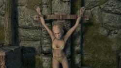 1girls 3d blonde_hair bondage bound_wrists bra cloth_gag gag gagged medium_breasts panties skyrim the_elder_scrolls theskyrimswashbuckle underwear yellow_bra yellow_panties