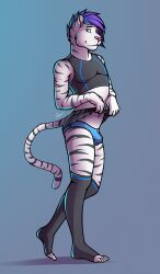 2018 5_fingers 5_toes anthro athletic athletic_anthro athletic_male black_stripes blue_background blue_eyes bottomwear bulge clothed clothing clothing_lift crop_top crossdressing d3mo detailed_bulge feet felid femboy fingers fur fur_hair genital_outline hair head_tuft hi_res humanoid_feet legwear looking_at_viewer male mammal microskirt microskirt_lift miniskirt pantherine pink_nose plantigrade pose purple_hair shaded shirt signature simple_background skirt skirt_lift slim smile solo standing stockings stripes tail tank_top tiger tight_clothing toeless_legwear toeless_stockings toes topwear tuft underwear white_body white_fur