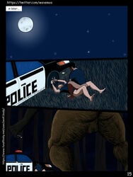 2021 absurd_res anthro ass balls bottomless canid canine car claws clothed clothing comic forest forest_background full_moon fur genitals group handpaw hi_res human male male/male mammal moon muscular muscular_male nature nature_background night night_sky nude paws plant police police_car police_officer police_uniform sex sharp_claws tree uniform vehicle were werecanid werecanine werewolf wevemos work_uniform