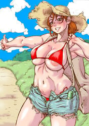 areola_slip athletic athletic_female big_breasts bikini breasts bursting_breasts busty casual_exposure casual_nudity cleavage cleavage_overflow clouds cloudscape female female_focus female_only fit_female hat hitchhiking hotpants hourglass_figure jean_shorts kiki's_delivery_service long_hair millefeuille muscular_female navel outdoors outside overflowing_breasts red_hair redhead short_shorts skimpy_bikini sky standing straw_hat studio_ghibli sweat sweatdrop sweating tagme toned toned_female ursula_(kiki's_delivery_service) wide_hips