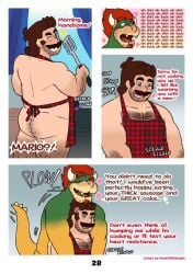 2boys anthro apron barazoku body_hair bowser brown_hair chest_hair clothed clothing comic dropsofmoonlight duo english_text facial_hair hair heart_symbol human koopa leg_hair male male/male mammal mario_(series) moustache nintendo onomatopoeia pantsless profanity red_hair reptile scalie sound_effects spatula text tools