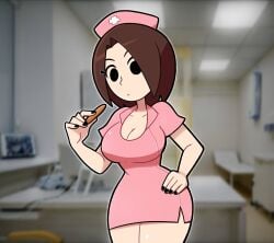 1girls at bangs black breasts brown cap cleavage closed clothing dress eyes female hair hands hat headwear holding large looking medium mii mii_gunner mouth nail nails nintendo nurse_outfit object parted pink polish scottfalco short sleeves smash solo standing super super_smash_bros. syringe tinytoku_(artist) up viewer