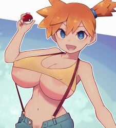 :d areola_slip areolae asymmetrical_hair bangs bare_shoulders blue_eyes blush breasts clavicle cleavage clothing crop_top denim denim_shorts female female female_only female_pubic_hair game_freak gen_1_pokemon gym_leader holding holding_object holding_poke_ball huge_breasts kasumi_(pokemon) lamb-oic029 large_breasts looking_at_viewer midriff navel nintendo nipples open-mouth_smile open_fly open_mouth orange_hair poke_ball poke_ball_(basic) pokemon pokemon_character pokemon_species ponytail pubic_hair pubic_hair_peek shirt short_hair short_shorts shorts side_ponytail smile solo suspenders swimsuit tank_top thick_thighs thighs tied_hair underboob unzipped wardrobe_malfunction wide_hips yellow_shirt