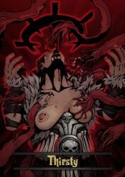 1girls areolae armor blood breasts cel_shading clothed darkest_dungeon drinking_blood eldritch eldritch_horror female female_focus female_only fur_armor hellion_(darkest_dungeon) looking_up necklace nipples porchemou red_background red_light red_lighting skull skulls solo solo_female straight stylized tentacle tentacle_sex tentacles_on_breasts text torn_clothing upper_body