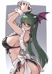 absurdres ap_cammy apron arms_up bartender bikini breasts cocktail_shaker darkstalkers female glasses green_eyes green_hair highres holding long_hair looking_at_viewer maid morrigan_aensland revealing_clothes sideboob sideways_glance smile solo swimsuit tagme