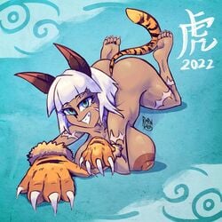 big_ass big_breasts blue_eyes cat_ears cat_tail catgirl dark-skinned_female dark_skin feet laying_down nadia_fortune naked rimpinvaca scars short_hair skullgirls smile teasing white_hair year_of_the_tiger