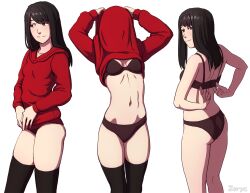 1girls black_bra black_hair black_panties bra clothes_lift grey_eyes hoodie looking_at_viewer looking_back panties red_hoodie red_sweater solo stockings sweater thighhighs undoing_bra undressing zoryc