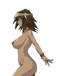 2021 ass big_breasts black_eyes bracelet breasts brown_hair collarbone completely_nude completely_nude_female dark-skinned_female dark_skin egyptian egyptian_female eye_markings eye_of_horus female female_only from_side happy headdress jewelry large_breasts looking_to_the_side mana_(yu-gi-oh!) neck necklace nipples nude nude_female open_mouth outstretched_arm profile profile_view shiny_skin short_hair side_view sideboob simple_background smile solo solo_female spiky_hair standing thick_thighs white_background yu-gi-oh! yu-gi-oh!_duel_monsters zahkey