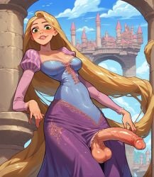 1futa 1girls ai_generated big_penis blonde_hair dickgirl disney disney_princess dress futa_only futanari green_eyes long_hair looking_at_viewer rapunzel shiny shiny_skin solo solo_futa sssilver5 tangled