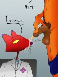 anthro balls bodily_fluids bottomwear bottomwear_down cartoon_network casual_urination clothed clothing confusion courage_the_cowardly_dog darkened_genitalia dialogue duo felid flaccid foreskin genital_fluids genitals hi_res illegaleel katz_(courage_the_cowardly_dog) long_foreskin looking_at_another male male/male mammal pants pants_down partially_clothed peeing peeing_on_another peeing_on_face penis pubes saggy_balls simple_background suit the_cajun_fox urine urine_on_face watersports