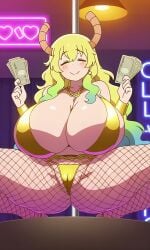 1girl 1girls ai_generated arms_up bar blush bra breasts bursting_breasts cameltoe cash chain_necklace cleavage clothing dancing dragon_girl earrings female female_only fishnet_legwear fishnet_thighhighs fishnets footwear fur_reaper gold_chain high_heels holding_money horns hourglass_figure huge_ass huge_breasts inviting jewelry long_hair lucoa lucoa_(maidragon) miss_kobayashi's_dragon_maid money multicolored_hair pole pole_dancing quetzalcoatl_(dragon_maid) smiling smug_face solo spread_legs squatting stable_diffusion stomach strip_club stripper stripper_pole thick_thighs thighhighs thighs underwear wide_hips