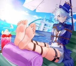 artist_request bangs bondage day drink feet furina_(genshin_impact) genshin_impact heterochromia jacket jewelry light_blue_hair parasol pool pool_float tape_gag top_hat two_tone_hair white_skin