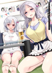 2girls apron beer beverage big_breasts blue_eyes blush blushing boobs breasts daughter feet female female/female female_focus female_only hair_ornament happy heart hi_res high_resolution highres ikura_nagisa large_breasts long_hair looking_at_viewer milf mole mother mother_and_daughter open_mouth oppai pale-skinned_male pale_skin panties pink_eyes pink_panties seductive short_hair silver_hair sitting soles toes tongue tongue_out underwear white_body white_hair white_panties white_skin