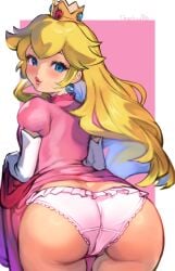 1girls ass ass_focus blonde_hair clothes clothes_lift crown dress dress_lift earrings frilled_panties frills gloves lifted_by_self lifting_own_clothes long_hair looking_at_viewer looking_back looking_back_at_viewer mario_(series) nintendo pink_dress pink_panties princess_peach r123 solo solo_female solo_focus white_gloves