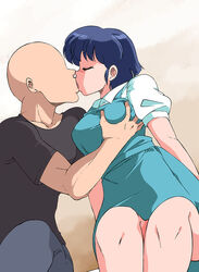 1boy 1girls akane_tendo blue_dress blue_hair blush breast_grab brown_eyes closed_eyes clothing dress eyebrows_visible_through_hair faceless_male female french_kiss french_kissing kissing looking_at_viewer medium_breasts old_school_academy ranma_1/2 short_hair socks sweat