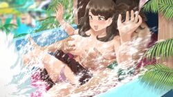 1boy 1girls arms_up bikini blush breast_grab breasts brown_hair curvy grabbing grabbing_another's_breast grabbing_from_behind large_breasts no_top open_mouth original palm_tree plump ryokucha_michi slide splash swimsuit thighs topless topless_female tree trees water water_slide