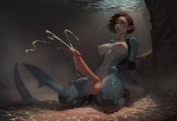 ai_generated anthro anthrofied gills jill_valentine samanneb shark_fin shark_girl shark_humanoid shark_tail shark_teeth transformation underwater