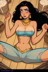 ai_generated aladdin beer blush embarrassed eraofwave exposed_breasts fit fit_female legs_apart no_bra perfect_body princess princess_jasmine scared scared_expression tavern without_underwear