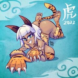 big_ass big_breasts blue_eyes cat_ears cat_tail catgirl dark-skinned_female dark_skin feet laying_down nadia_fortune rimpinvaca scars short_hair skullgirls smile teasing white_hair year_of_the_tiger