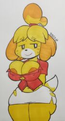 1girls 2023 4_fingers animal_crossing anthro anthro_only areola_slip areolae big_breasts blush breasts canine clothed clothed_female clothing domestic_dog female female_anthro female_only front_view fur furry furry_female furry_only isabelle_(animal_crossing) large_breasts mammal navel orange_nipples shih_tzu short_tail solo starrock64 sweat sweatdrop sweating tail tight_clothing torn_clothes traditional_media_(artwork) wide_hips yellow_body yellow_fur