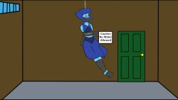 angry_face blue_body blue_dress blue_eyes blue_hair blue_skin bondage gagged hanging_from_ceiling lapis_lazuli_(steven_universe) muffled_scream room steven_universe struggling tagme tape_bondage tape_gag video