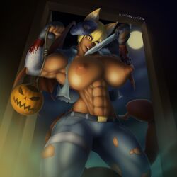 abs absurd_res athletic athletic_female back_muscles bat_wings biceps big_breasts big_muscles big_nipples big_pecs blonde_hair breasts breasts_bigger_than_head cat_ears cosplay craaabe halloween huge_breasts large_breasts manticore massive_breasts monster_girl muscular_female nipples ripped tail tanlines toned toned_body triceps