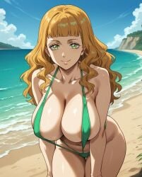 ai_generated bare_thighs beach black_clover gigantic_breasts green_eyes huge_breasts huge_thighs light-skinned_female light_skin long_hair looking_at_viewer massive_breasts mimosa_vermillion orange_hair shounen_jump sling_bikini slingshot_swimsuit smiling solo_female squatting subaruarm sweat sweatdrop thick_body thick_female thick_thighs thighs voluptuous voluptuous_female