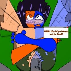 black_hair blue_body blush ena_(series) heart-shaped_pupils heart_eyes heterochromia joel_g legs_over_head multicolored_body orange_body original_character poshmoon pov_male tearing_up tears text text_bubble torn_clothes torn_clothing vaginal_penetration veiny_penis